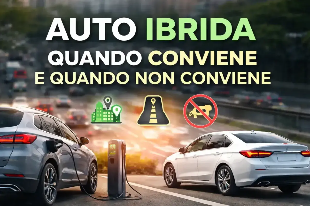 Auto ibrida: quando conviene e quando no. Il **full hybrid significato** è spiegato con icone: città, strada, divieto di accesso.