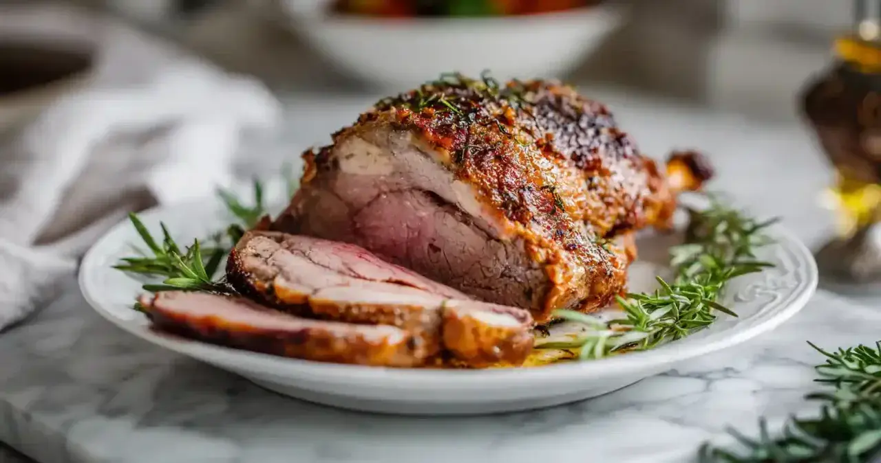 Un gigot d'agneau rôti, tranché et servi sur une assiette ornée de romarin frais. La viande est rosée et la croûte dorée et savoureuse.
