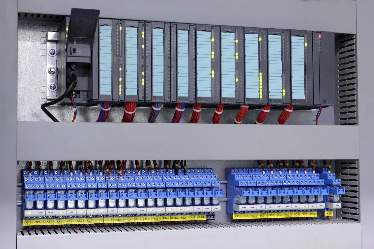 Panel sterowania z modułami PLC i rzędami przekaźników bezpieczeństwa. Wiele zielonych i żółtych diod LED świeci, wskazując stan pracy.