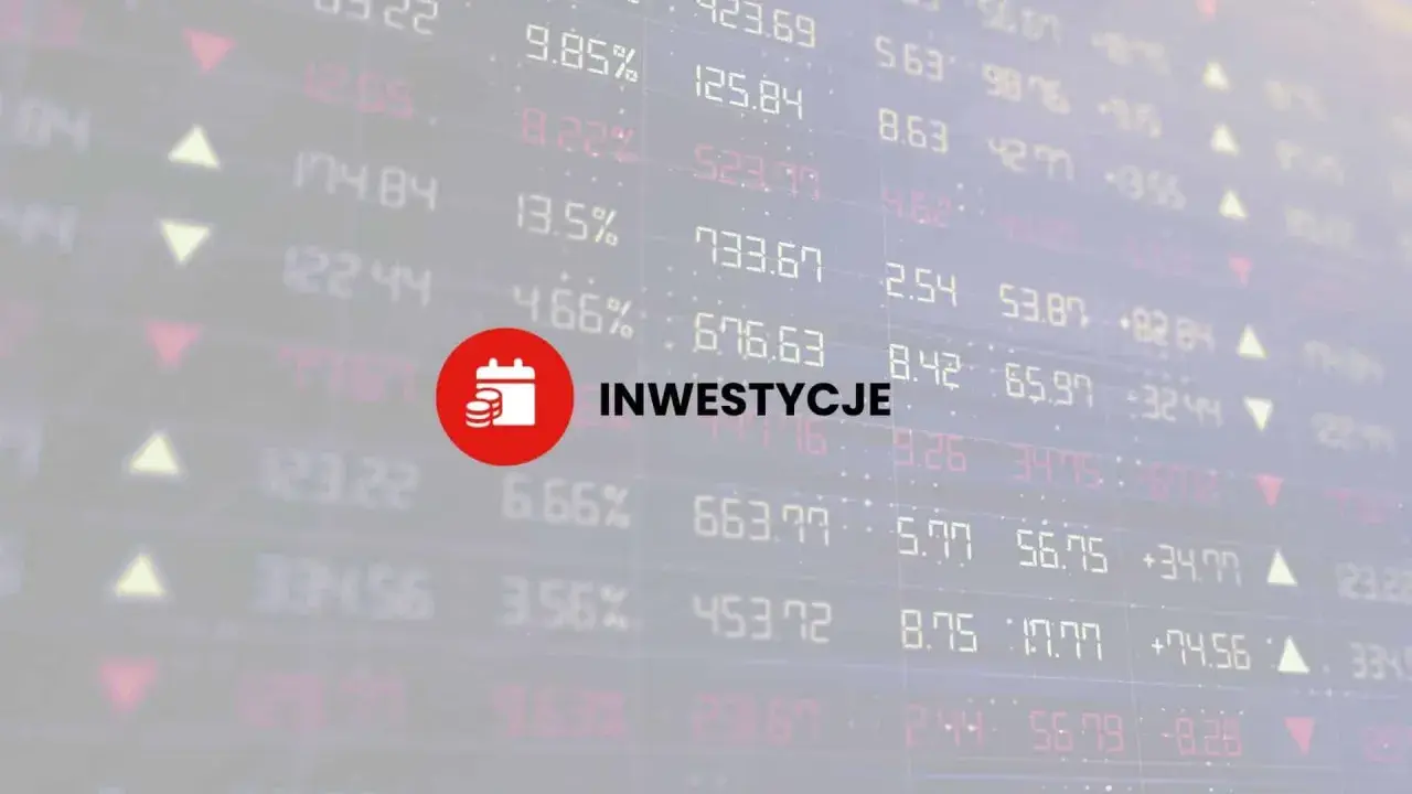 Wzór inwestycji na tle wykresów giełdowych. Czerwone koło z ikoną kalendarza i monet symbolizuje planowanie finansowe.