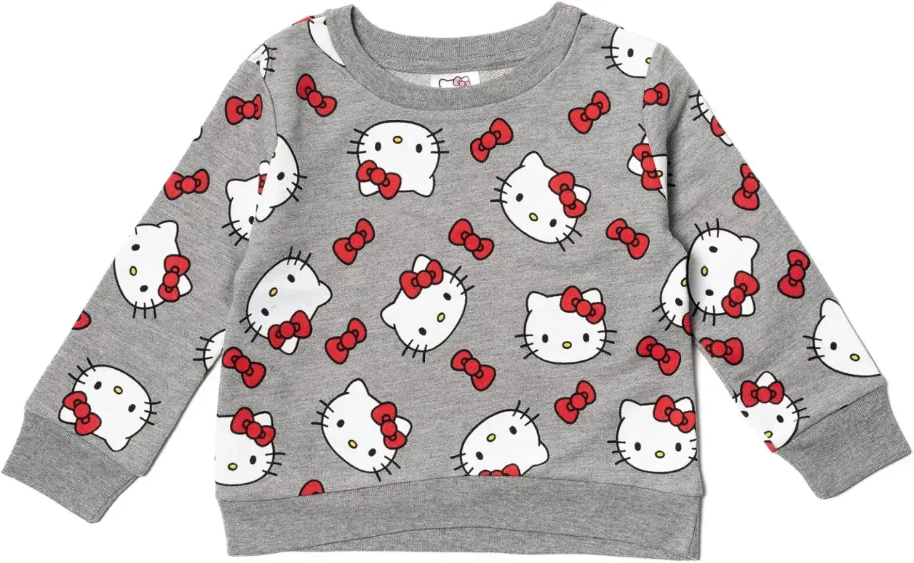 Szara bluza z dziewczęcym nadrukiem Hello Kitty i czerwonymi kokardkami.