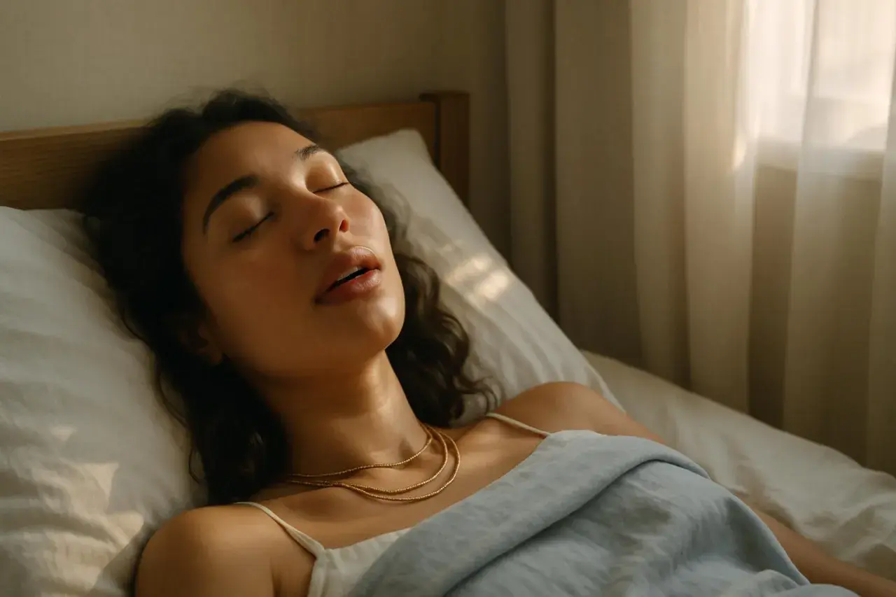 Una giovane donna dorme profondamente, con la bocca aperta e un leggero accenno di sbavare, avvolta in un lenzuolo azzurro.