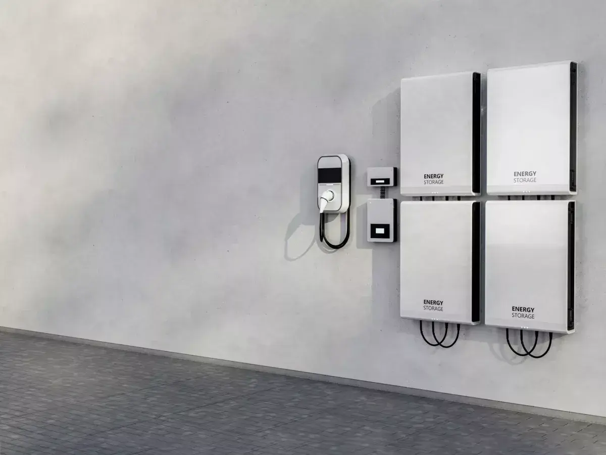 Nowoczesny bank energii 5kW na ścianie, obok ładowarka EV.