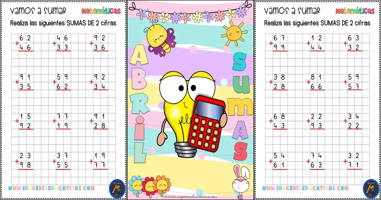 Hoja de sumas de dos cifras con dibujos infantiles y una calculadora.