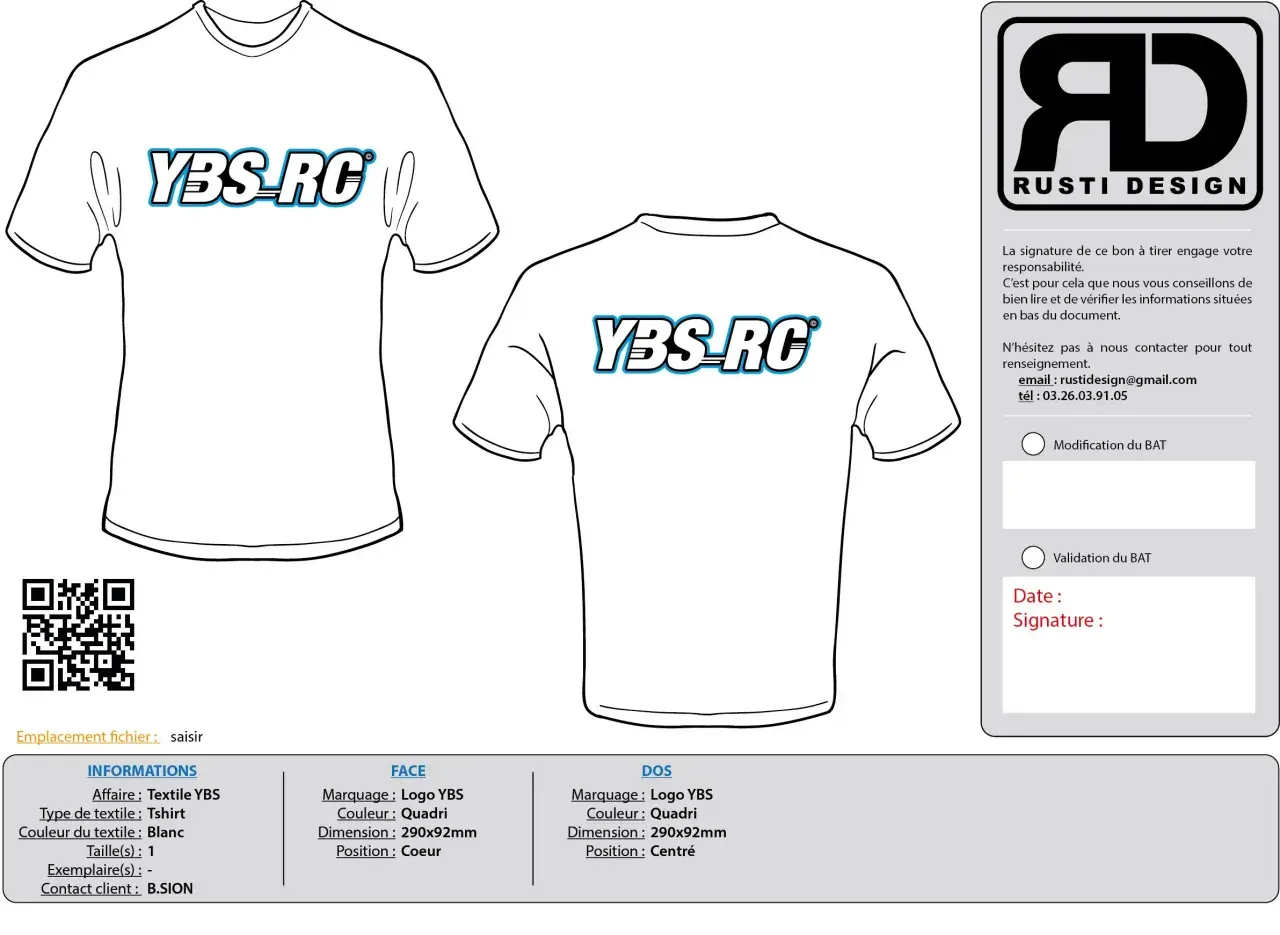 Modèle de bon à tirer gratuit pour un t-shirt blanc avec logo YBS-RC. Détails des marquages face et dos.