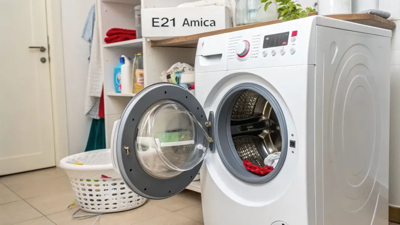 Pralka Amica z otwartymi drzwiczkami, na półce widoczny napis "E21 Amica", sugerujący błąd. Obok kosz na pranie.
