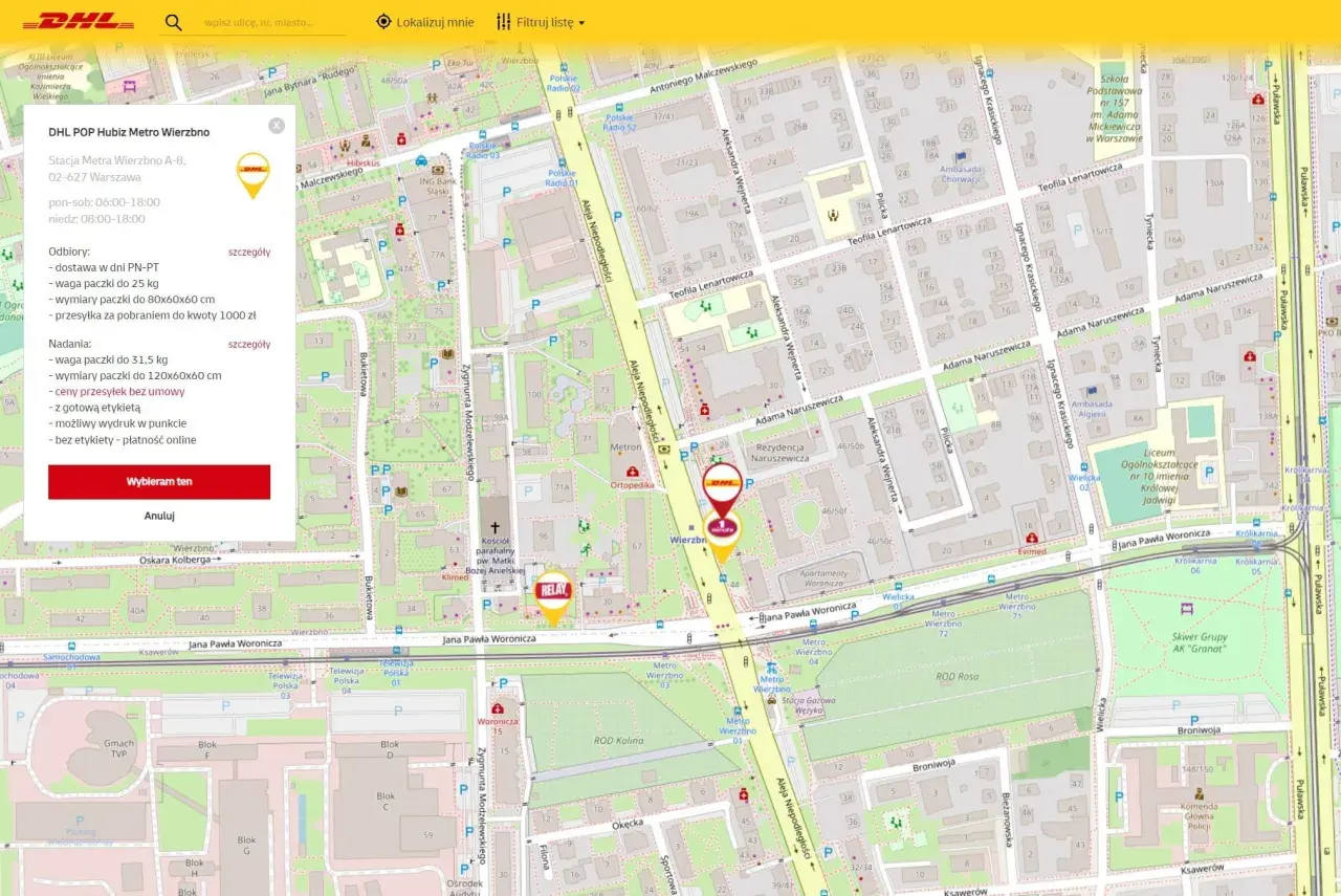 Mapa Warszawy z zaznaczonym punktem DHL. Możliwość nadania paczki DHL do 31,5 kg i wymiarach 120x60x60 cm.