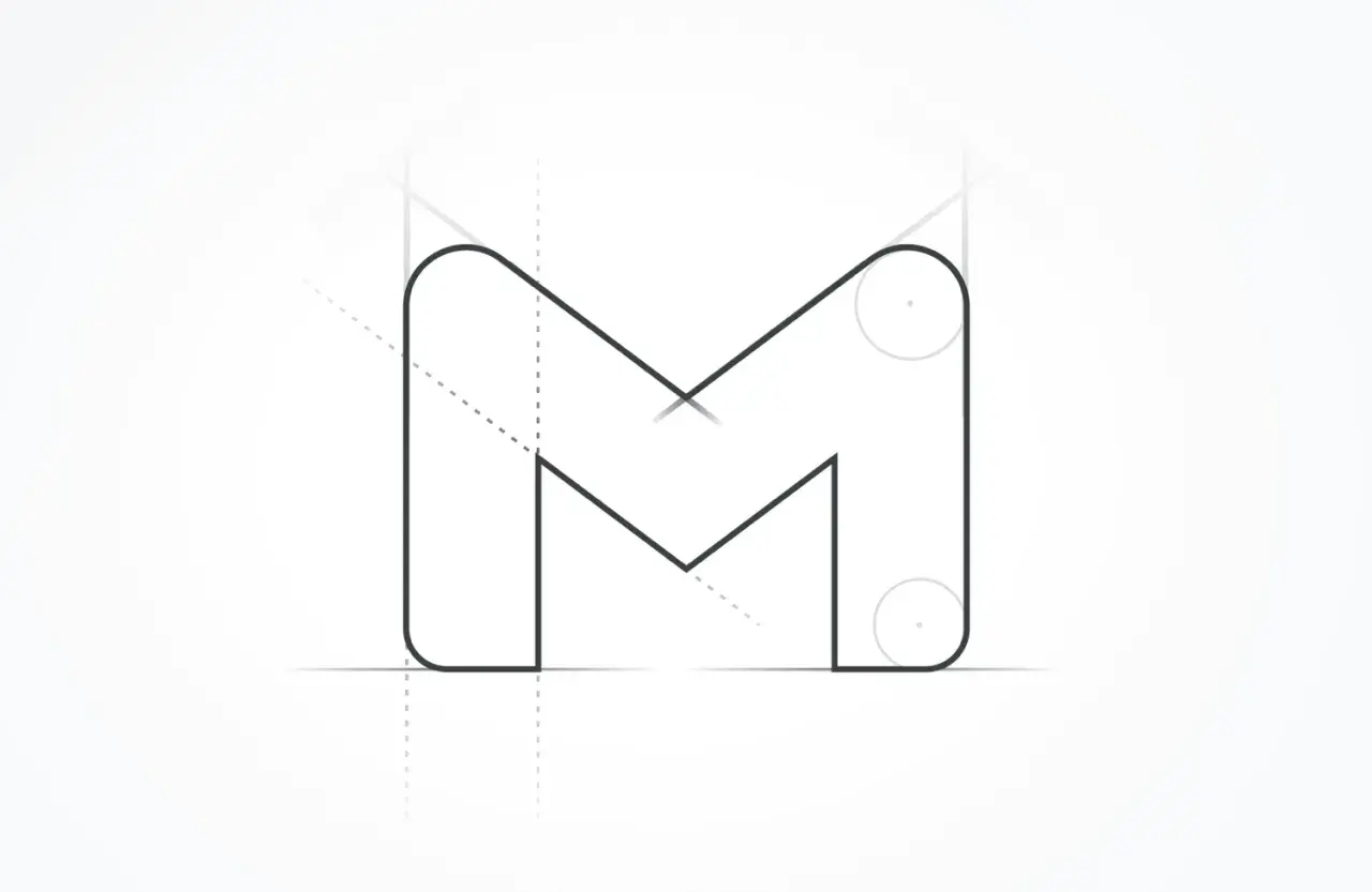 Nowa ikona Google, litera M, z pomocniczymi liniami i okręgami, sugerująca proces projektowania.