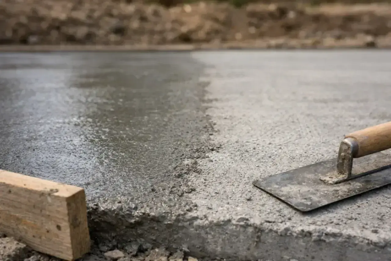 Świeżo wylany, półsuchy beton na budowie. Narzędzia budowlane, kielnia i drewniany krawężnik, leżą obok.