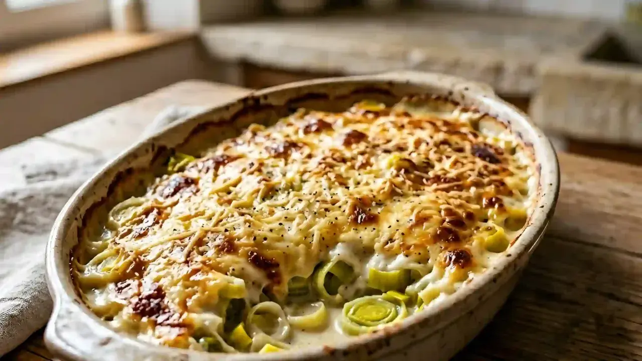 Un gratin poireaux béchamel doré et gratiné, prêt à être dégusté. Les poireaux fondants se marient à la perfection avec la sauce onctueuse.