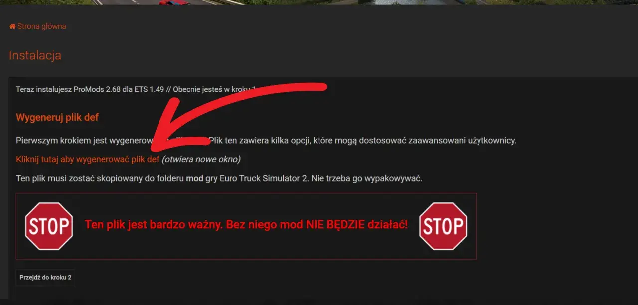 Instrukcja instalacji modów do ETS2: wygeneruj plik def, kluczowy dla działania gry. Bez niego mody nie zadziałają.