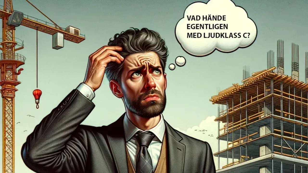 En man i kostym kliar sig i huvudet vid en byggarbetsplats, funderande på vad som hände med ljudklass C.