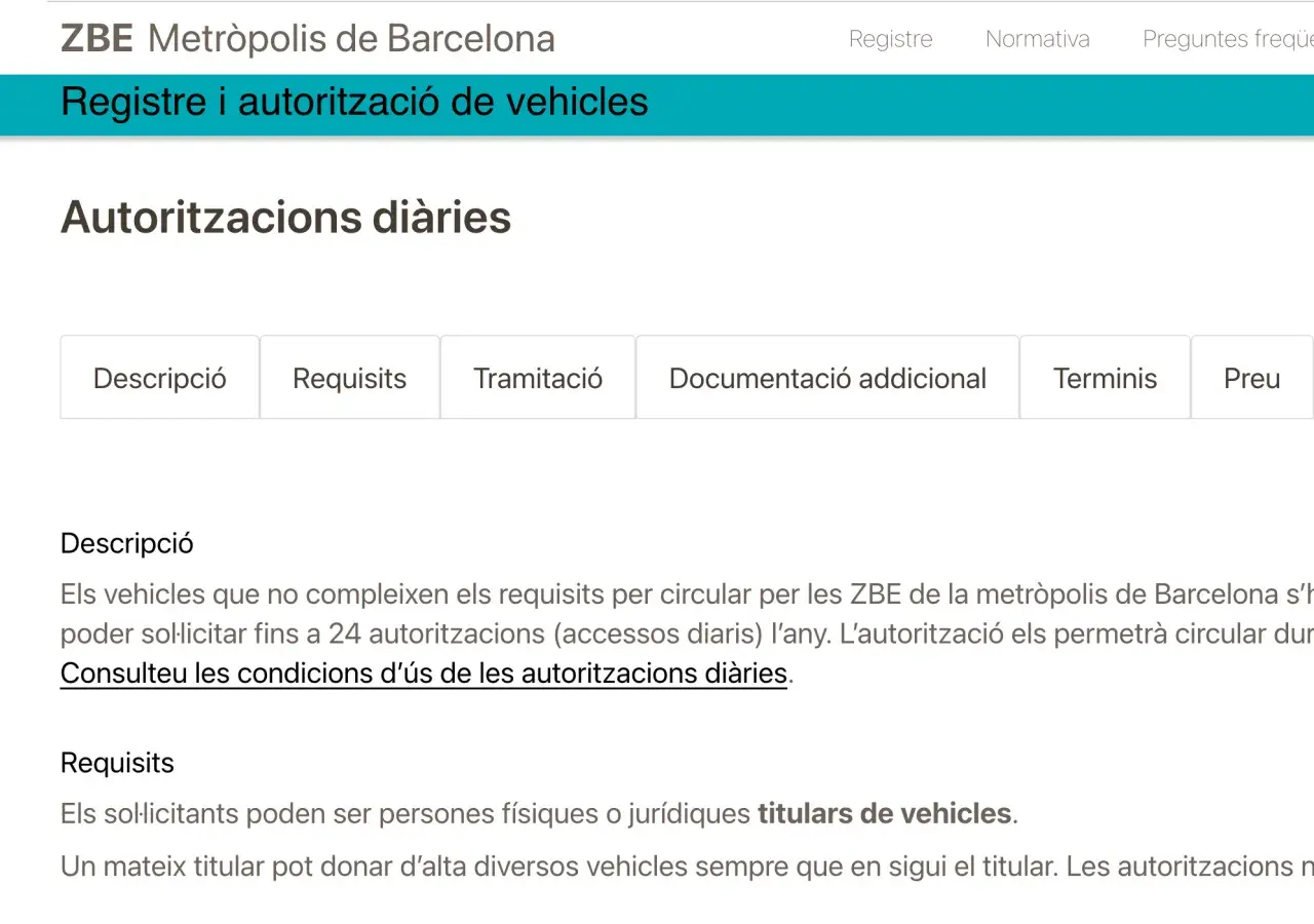 ZBE Barcelona: información sobre autorizaciones diarias para vehículos que no cumplen requisitos. Permisos para circular en zonas de bajas emisiones.