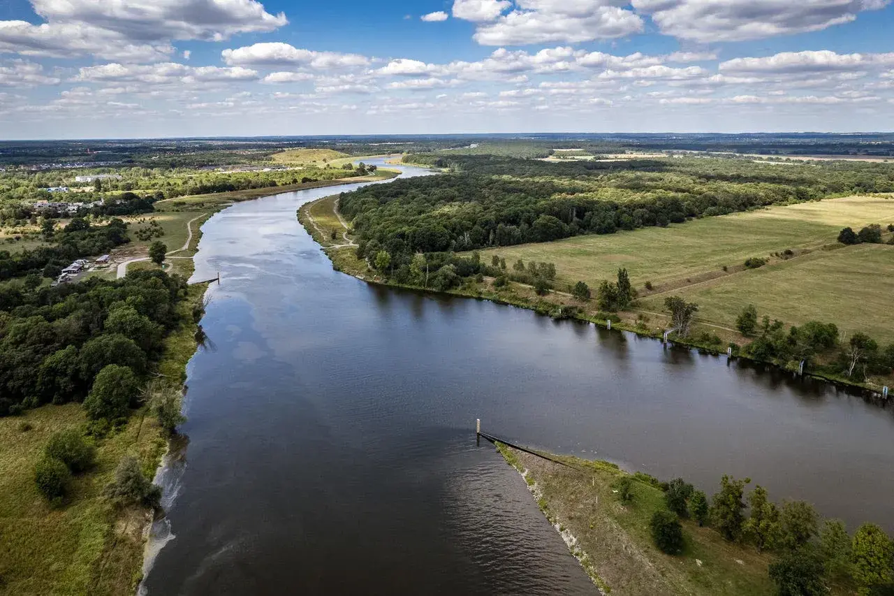 Malowniczy widok na rzekę i tereny zielone, idealne na spacer z psem. Psie pole Wrocław zaprasza!