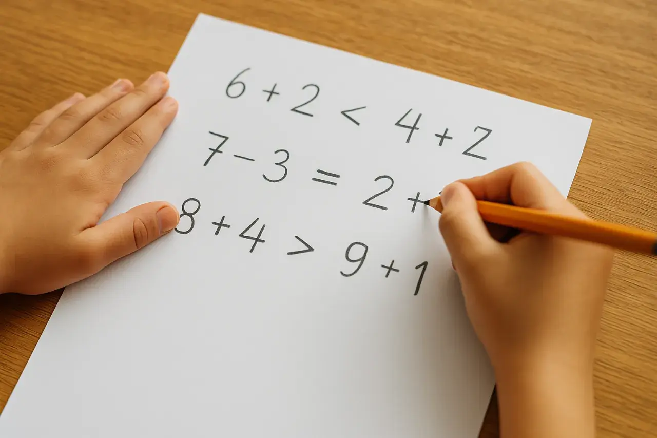 Dziecko pisze ołówkiem zadania matematyczne na kartce papieru.