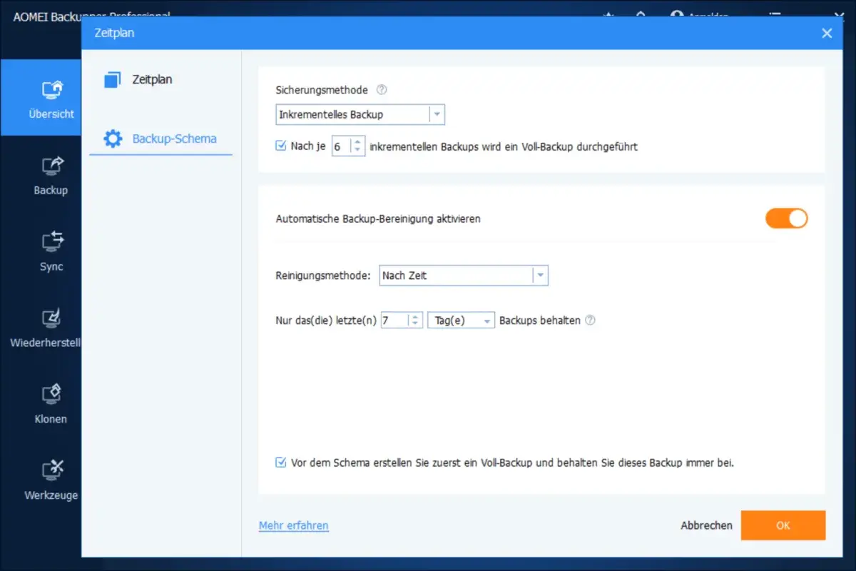 AOMEI Backupper Professional: Zeitplan-Einstellungen für inkrementelle Backups und automatische Bereinigung.