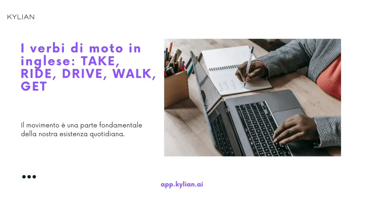 Persona ha scritto "take", "ride", "drive", "walk", "get" su un quaderno, studiando verbi di moto in inglese.