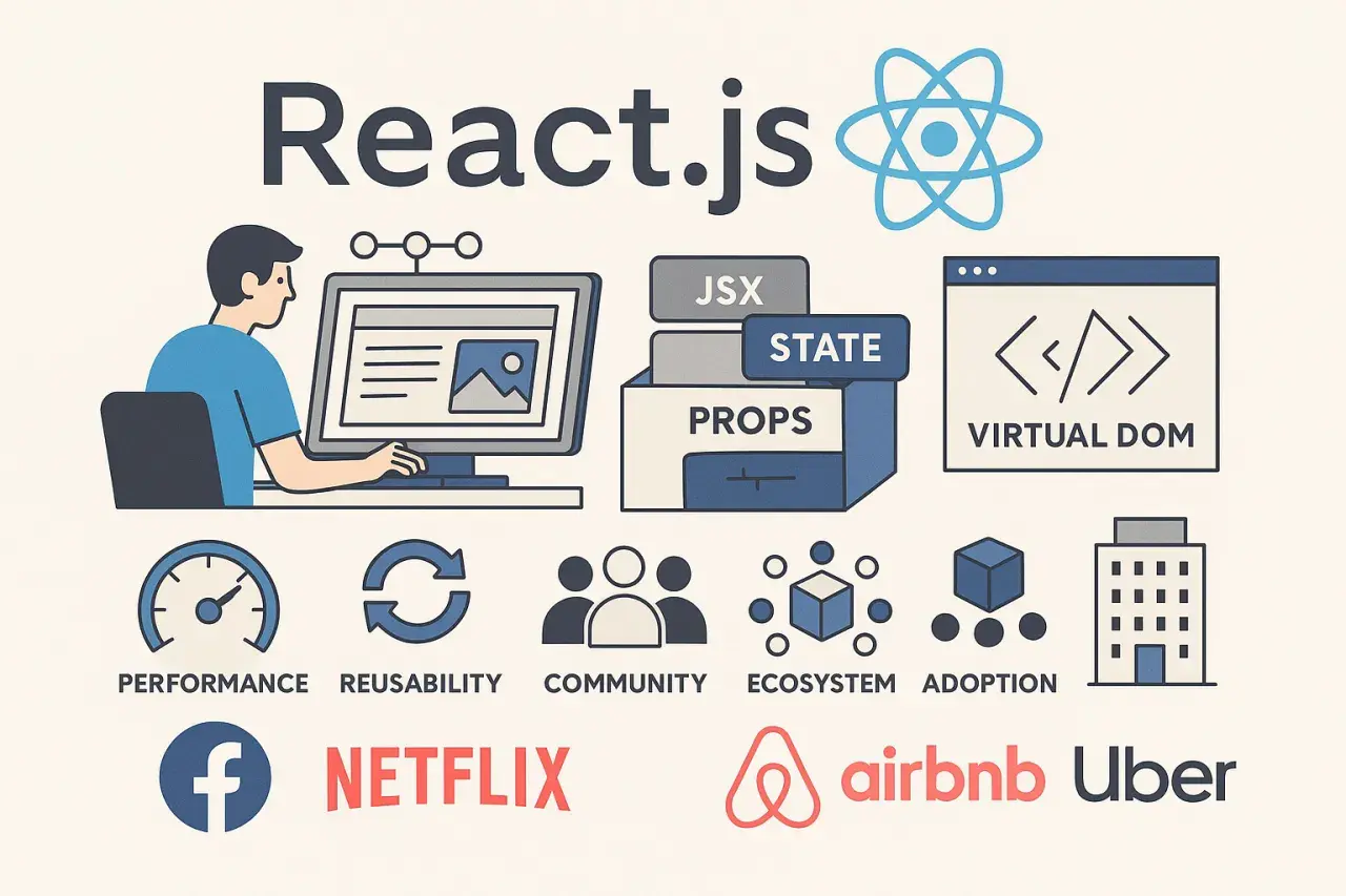 Développeur travaillant sur un projet React web, illustrant les concepts clés comme JSX, State, Props, Virtual DOM, performance, réutilisabilité, communauté, écosystème et adoption.