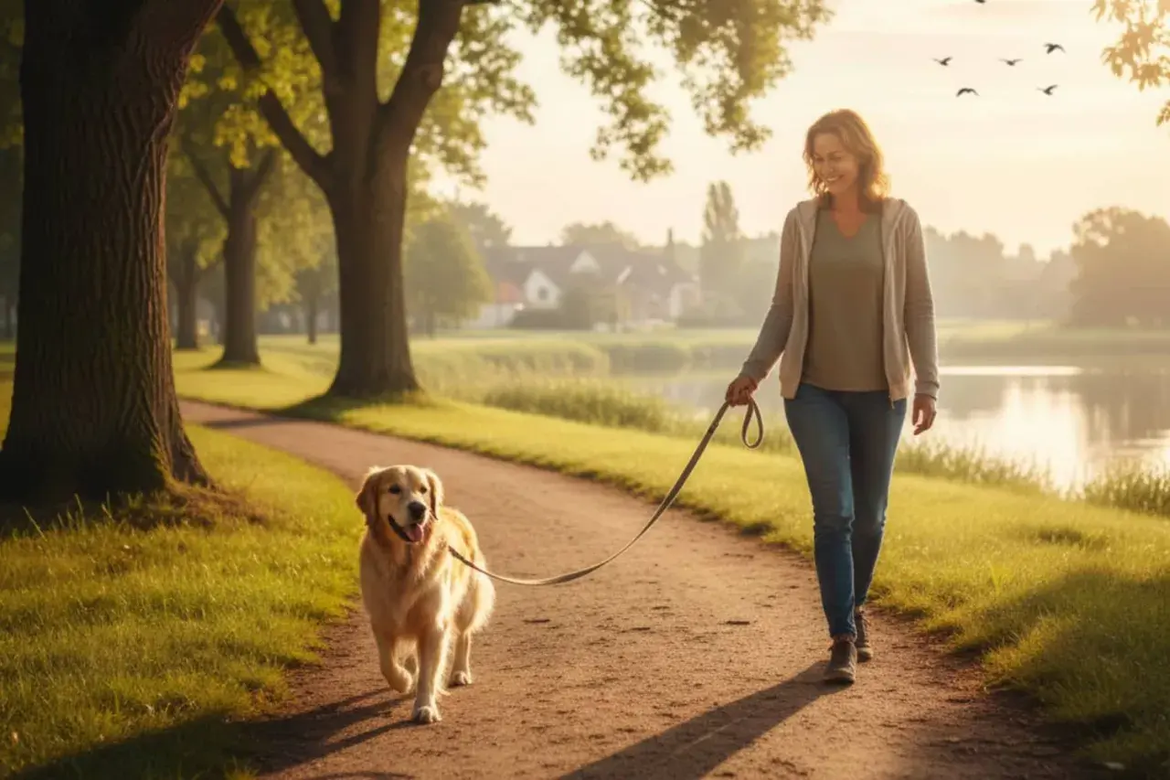 Eine Frau geht mit ihrem fröhlichen Golden Retriever an der Leine einen Weg entlang. Die Sonne scheint durch die Bäume und wirft lange Schatten.