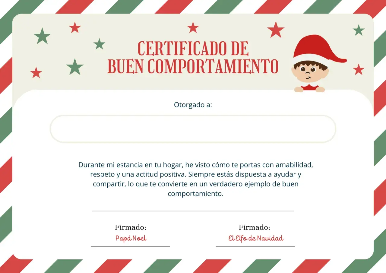 Certificado de buen comportamiento otorgado por Papá Noel y un elfo. Es como una carta de despedida de los elfos, reconociendo tu amabilidad y actitud positiva.
