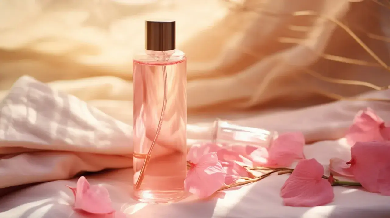 Elegancka butelka perfum z różowym płynem, otoczona płatkami kwiatów. Ten afrodyzjak zapach kusi i uwodzi.