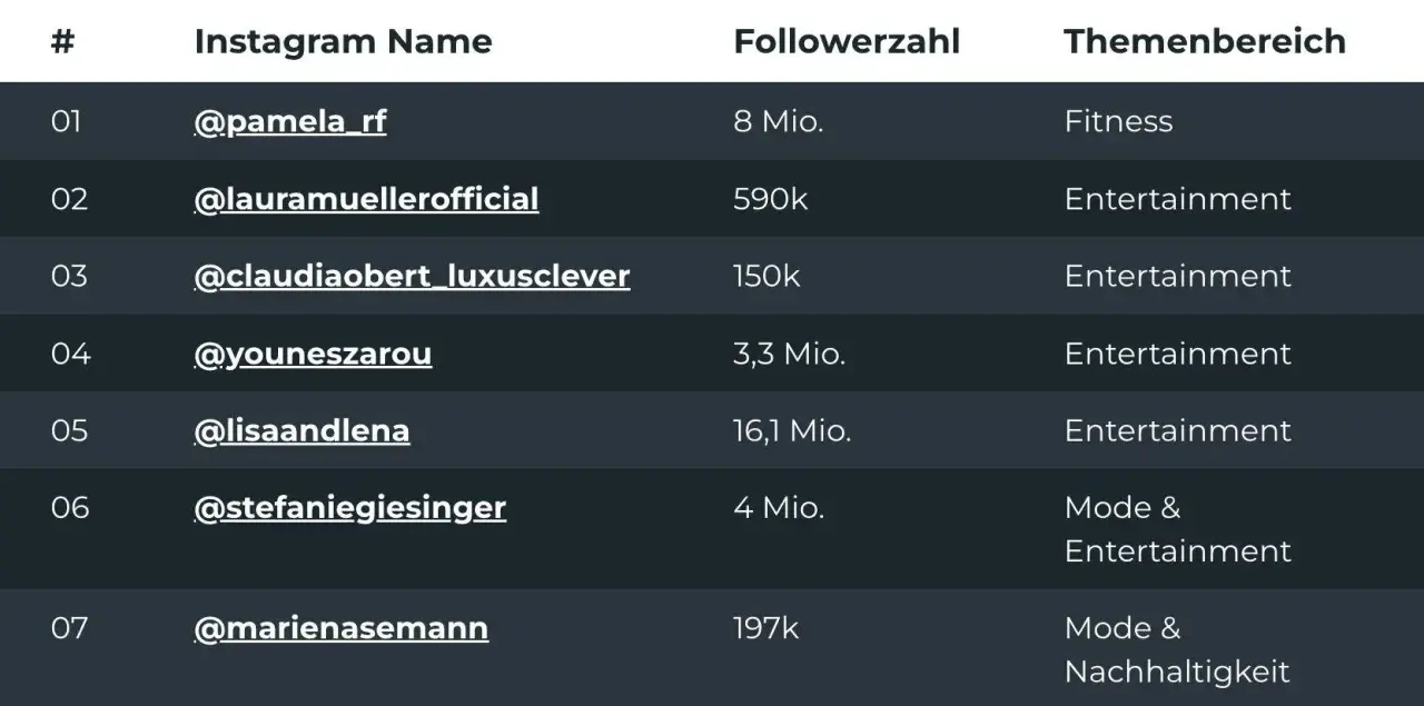 Liste mit der Anzahl Influencer Deutschland: Pamela Reif (8 Mio. Follower, Fitness), Laura Müller (590k, Entertainment) und weitere.