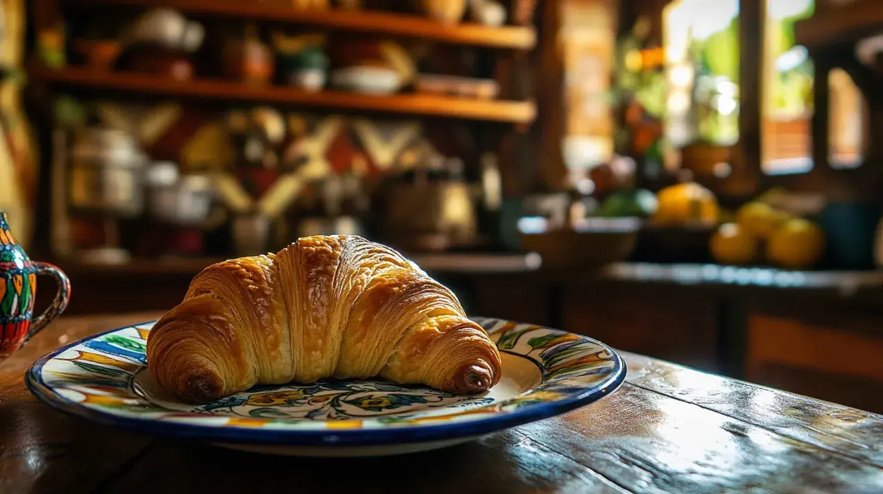 Croissant dorado sobre plato decorado. Los ingredientes de croissant, como la mantequilla y la harina, se transforman en esta delicia.