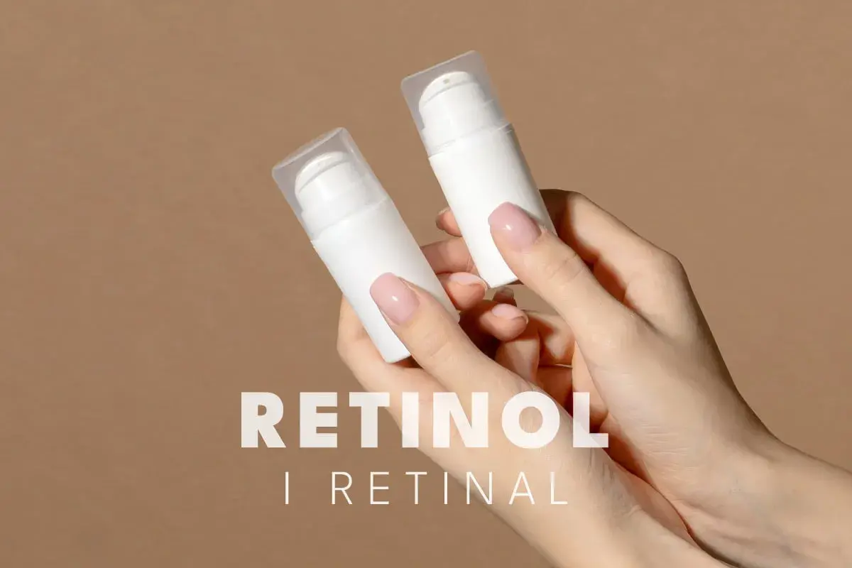 Dwie białe buteleczki z pompką w dłoniach. Tekst: RETINOL i RETINAL.