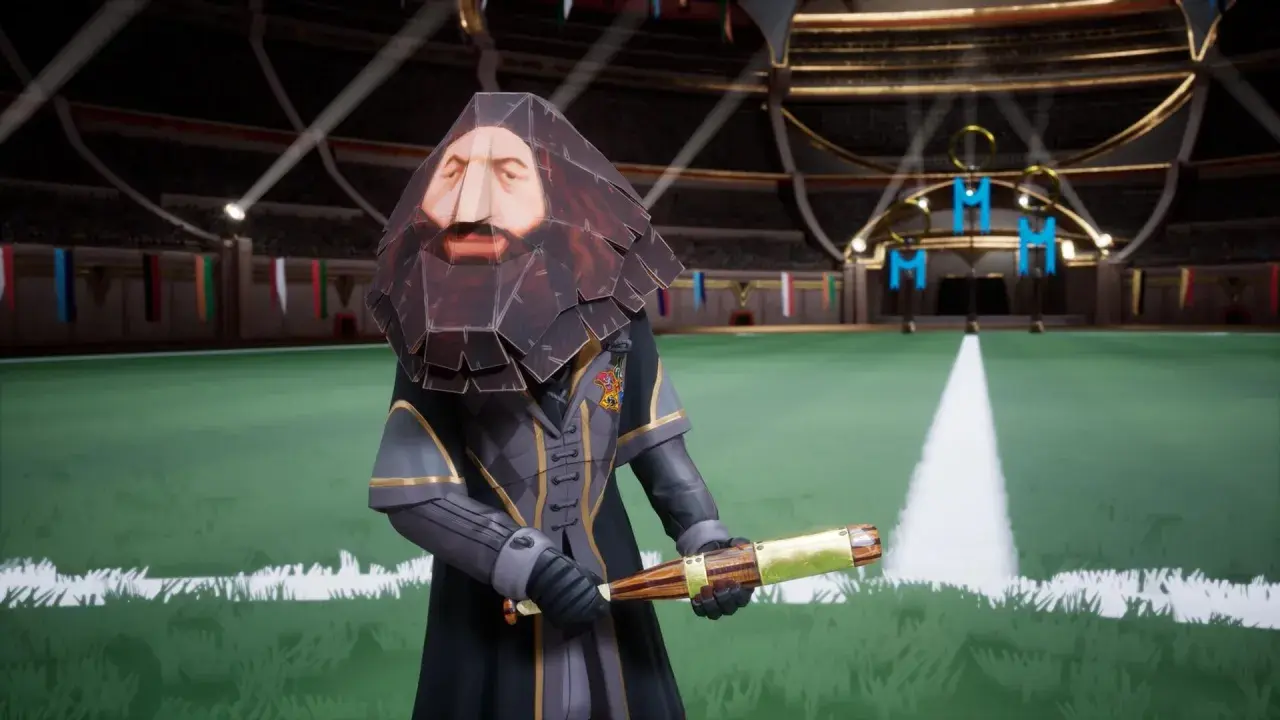 Hagrid im Hogwarts Legacy Quidditch-Stadion, bereit für ein Spiel.