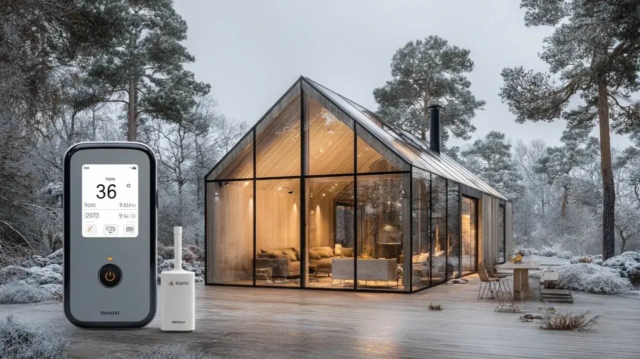 Modern glashus i skogen med enheter för att montera ventilation.
