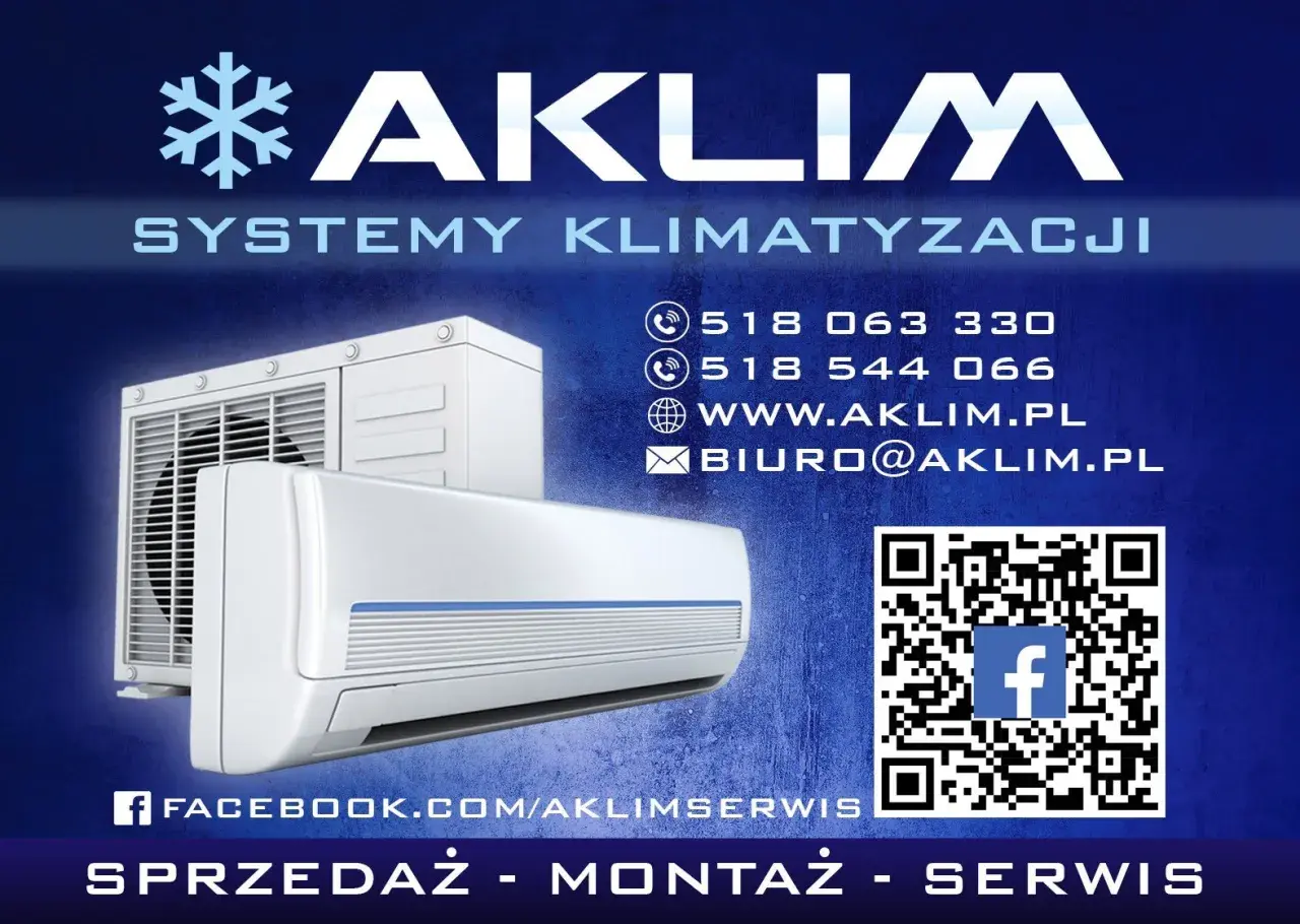 Reklama firmy AKLIM: systemy klimatyzacji, dane kontaktowe, QR kod, Facebook.