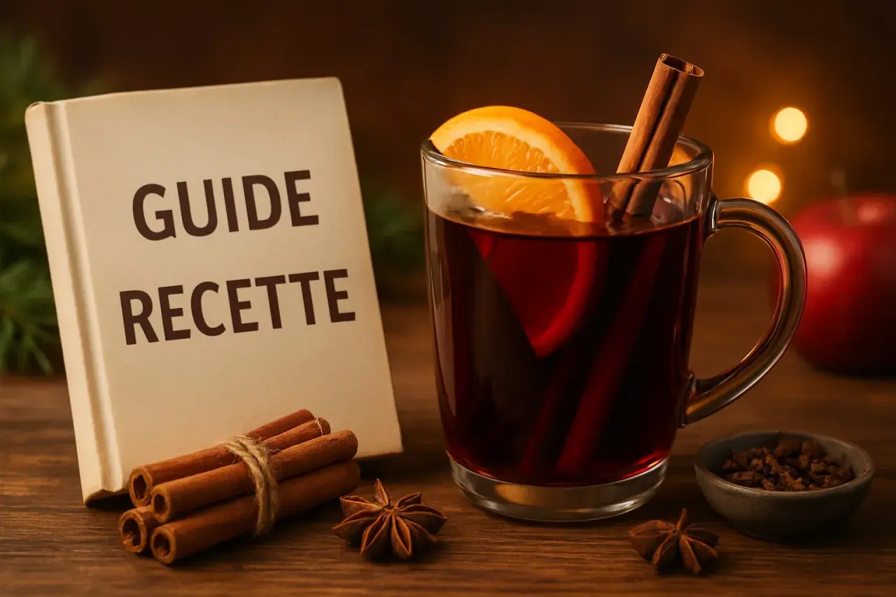 Un verre de vin chaud aux épices, avec un livre "Guide Recette". Quel vin pour un vin chaud ? Un vin rouge fruité et peu tannique est idéal.