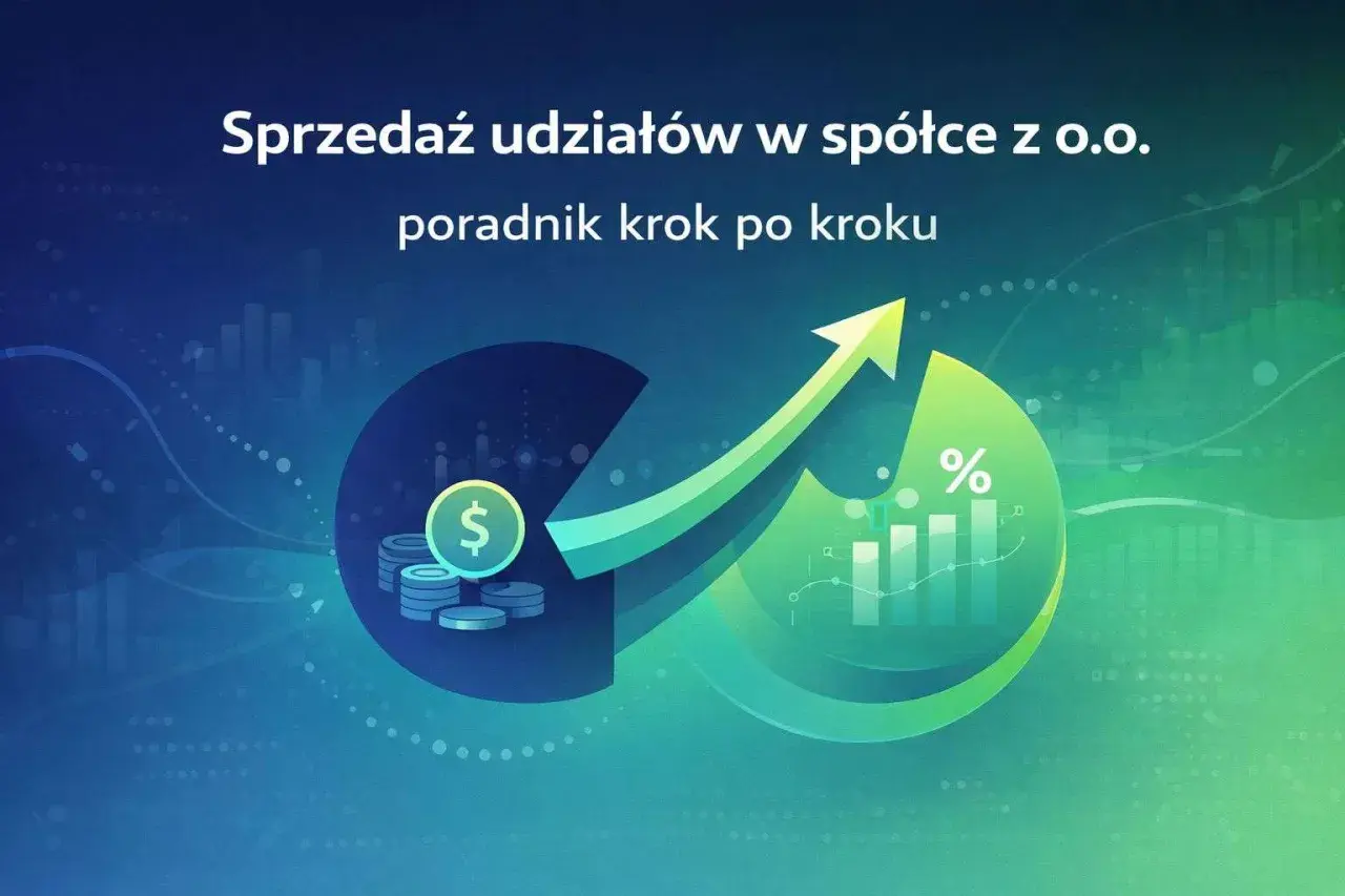 Sprzedaż udziałów w spółce z o.o. - poradnik. Grafika pokazuje rosnący wykres, symbol dolara i procent, sugerując zyskowną transakcję.