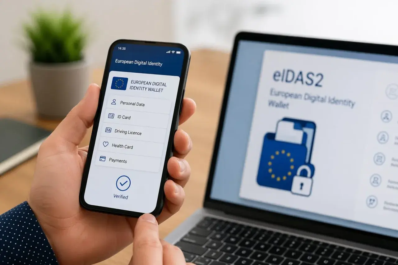 Mano sostiene smartphone con app "European Digital Identity Wallet" eIDAS. Laptop muestra el logo eIDAS2.