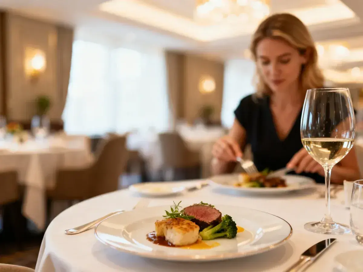 Elegancka kolacja w restauracji: danie z wołowiny i przegrzebków, kieliszek białego wina. Idealne na pobyt z opcją half board plus.