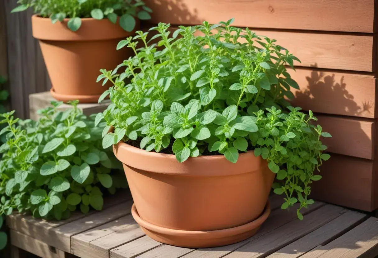 Frodig oregano i terrakottakruka, perfekt för dig som vill odla oregano och njuta av färska örter.