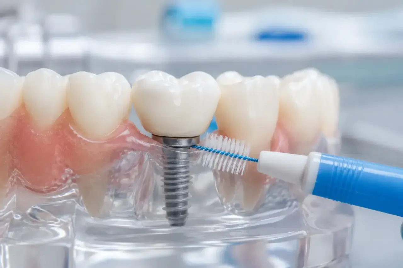Modello dentale con impianto e spazzolino interdentale. Dopo la pulizia dei denti si può mangiare senza pensieri.