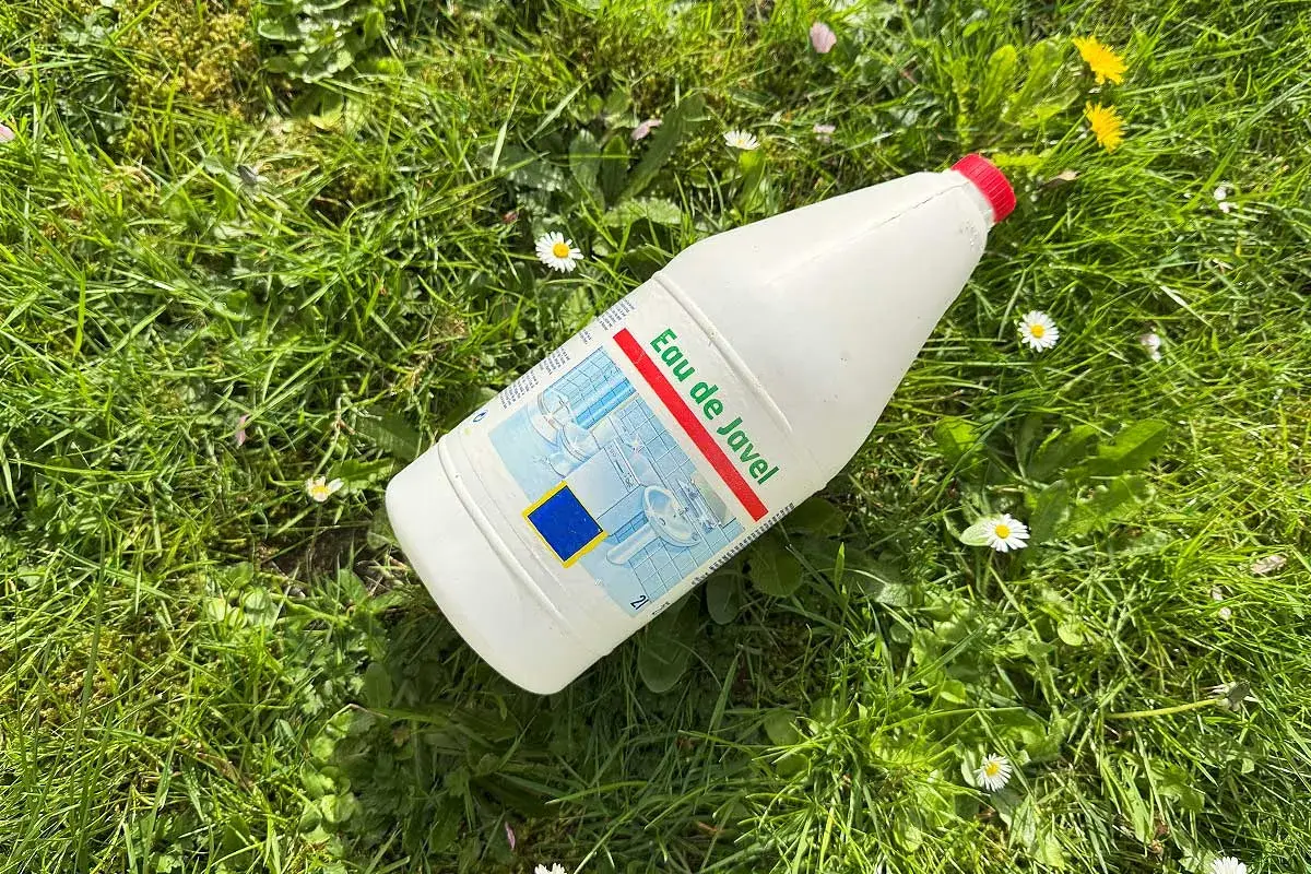 Bouteille d'eau de Javel posée dans l'herbe, parmi des pâquerettes. Un désherbant maison qui peut aussi servir pour le ménage.
