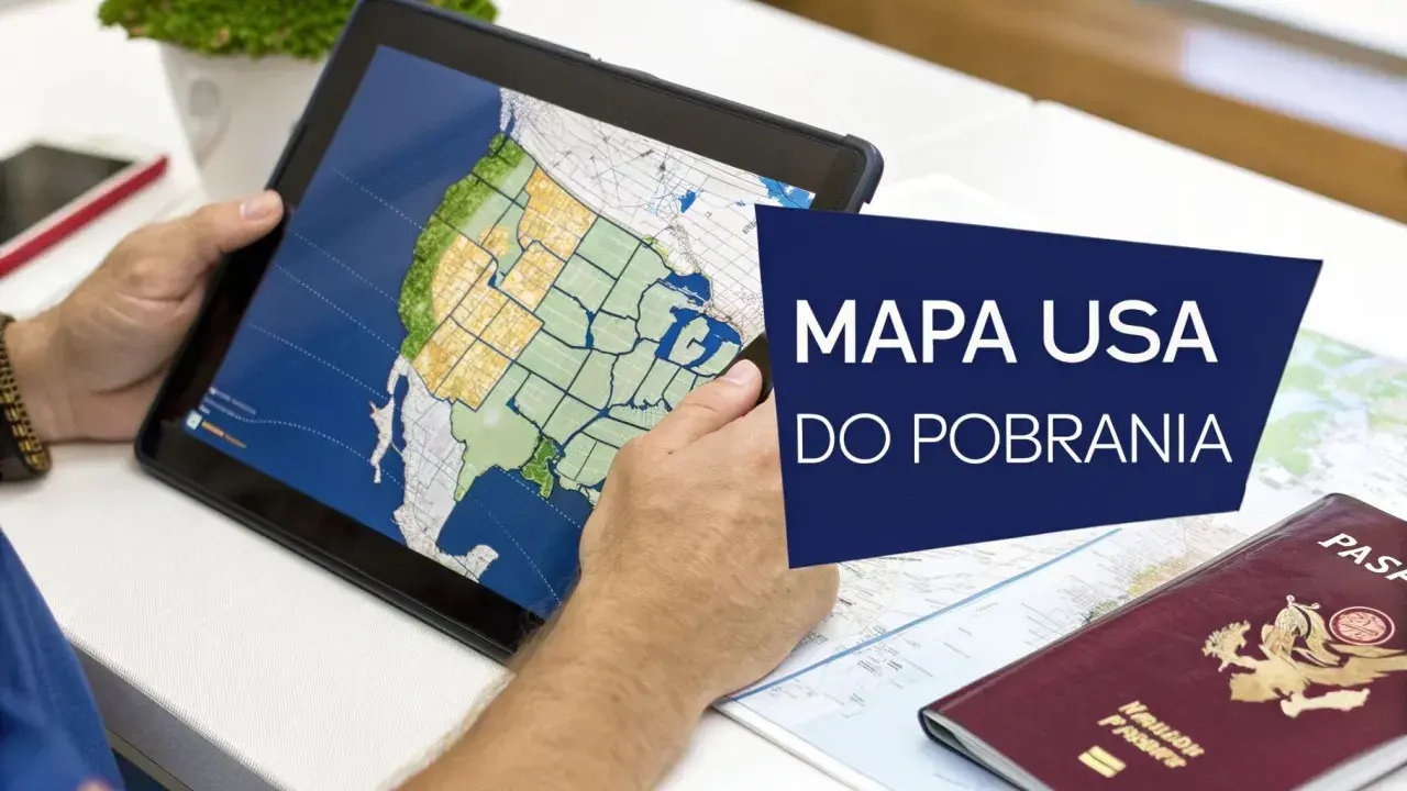 Osoba planuje podróż, przeglądając na tablecie mapę, która pokazuje, gdzie leżą Stany Zjednoczone. Obok leży paszport.