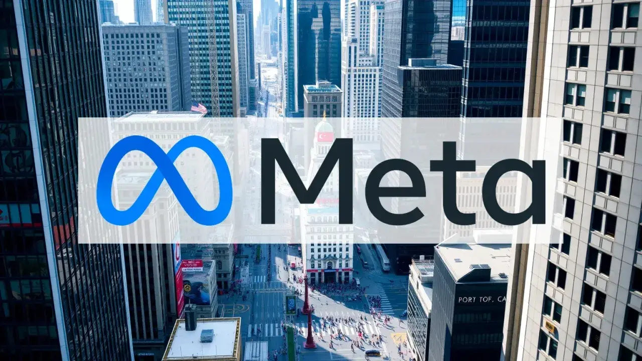 Meta-Logo über einer belebten Stadtstraße. Die Meta-Aktie im Fokus der urbanen Skyline.
