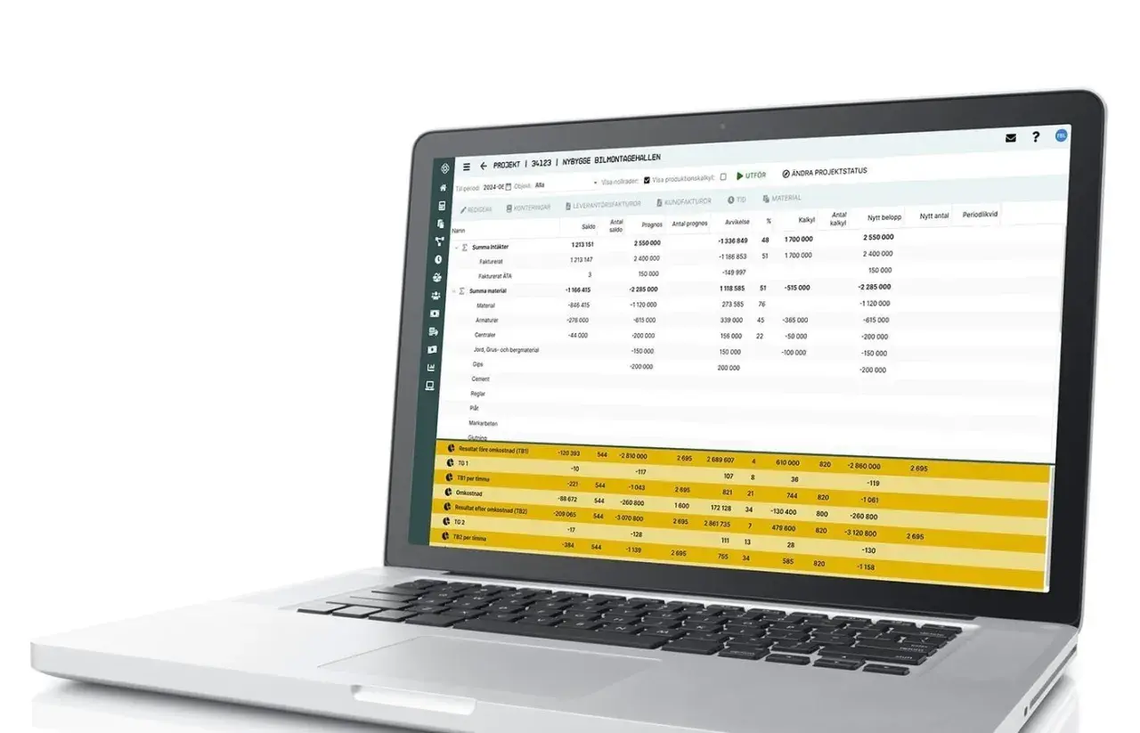 En bärbar dator visar en tabell med projektdata. Det ser ut som en del av ett system för att skriva bok bidrag.