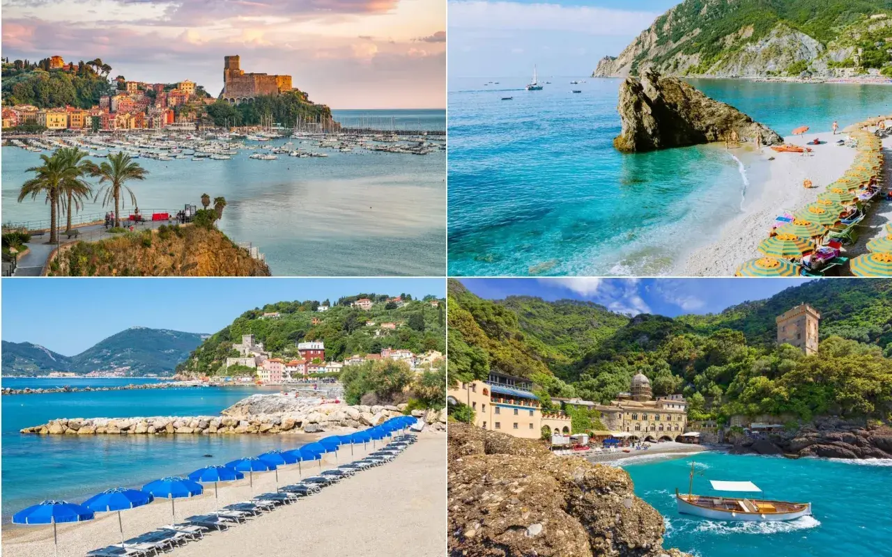 Quattro scorci mozzafiato che mostrano il mare più bello della Liguria: castelli, spiagge dorate e acque cristalline.