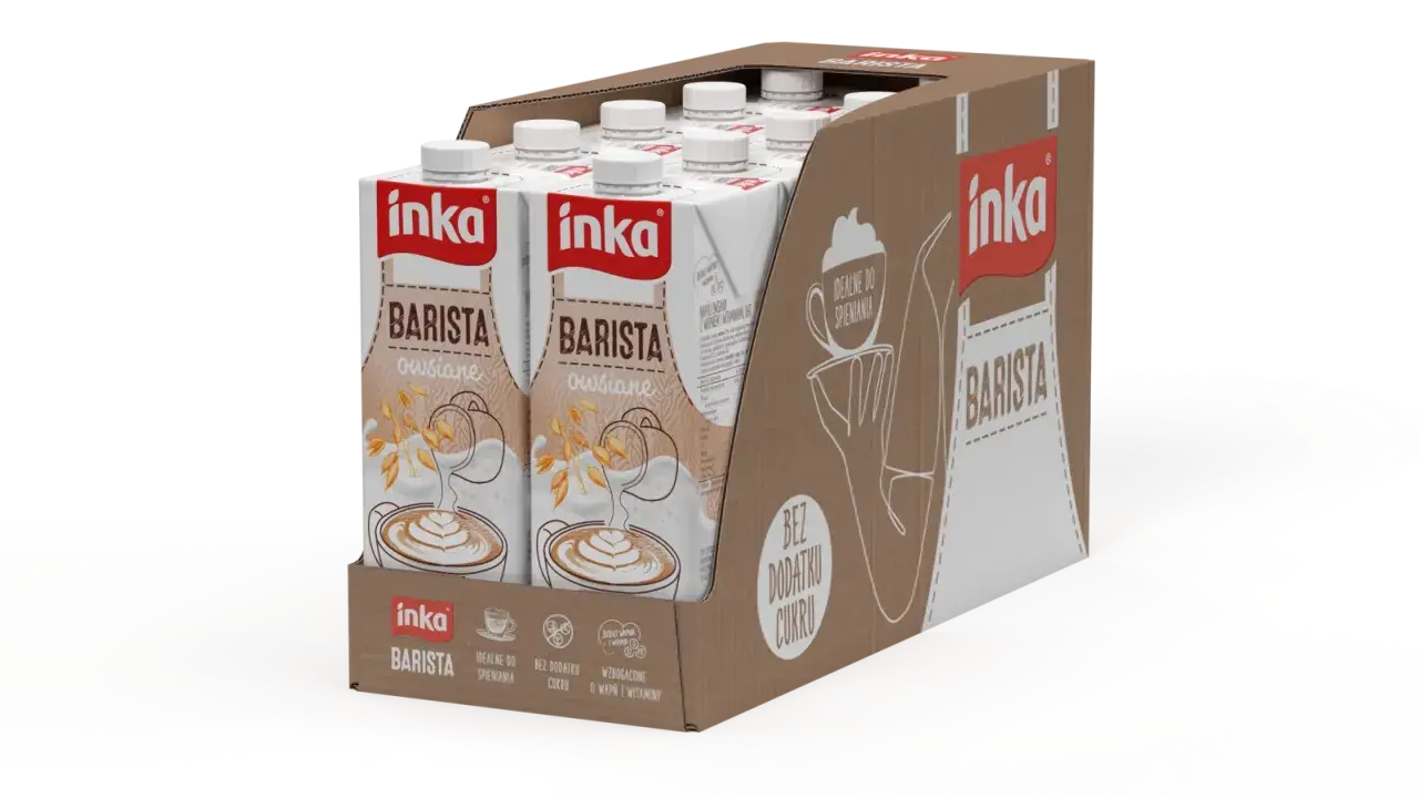 Kartony z mlekiem owsianym Inka Barista, idealne do spieniania, bez dodatku cukru.