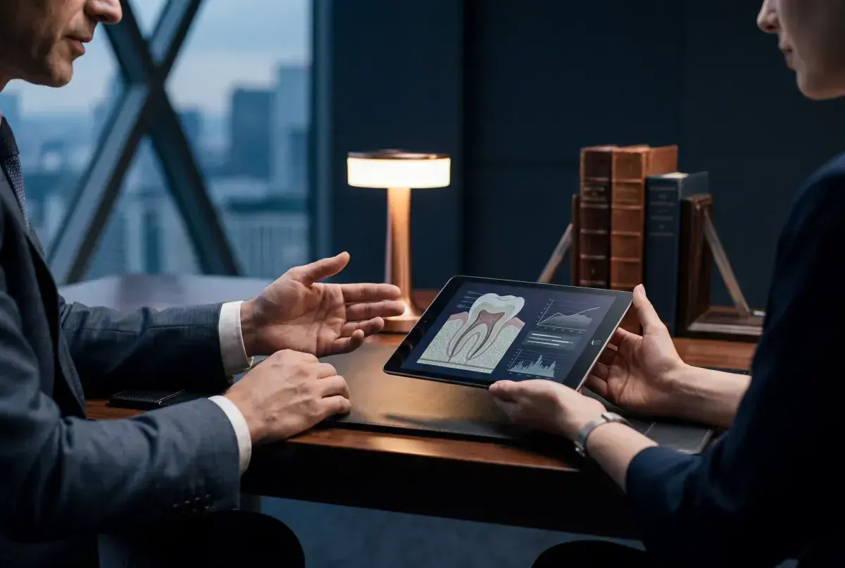 Analisi delle cause dei denti sensibili su un tablet, con un dentista che spiega a un paziente.