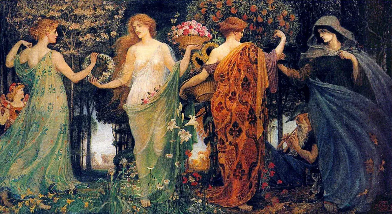 La déesse de l'agriculture et ses compagnes célèbrent la nature luxuriante, entourées de fleurs et de fruits. Un vieil homme joue de la flûte.