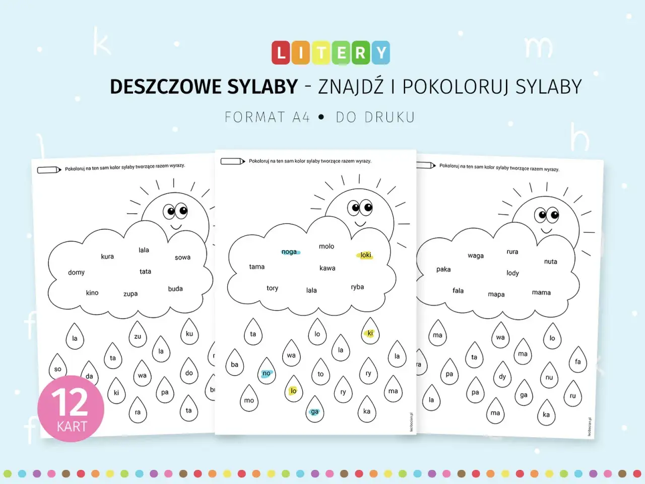 Karty pracy "Deszczowe sylaby" do nauki czytania. Dzieci kolorują sylaby tworzące wyrazy, ćwicząc litery.