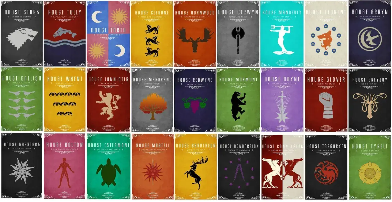 Affichettes des maisons de Game of Thrones : Loup, poisson, soleil, lion, cerf, etc. Chaque maison a son emblème et sa devise.