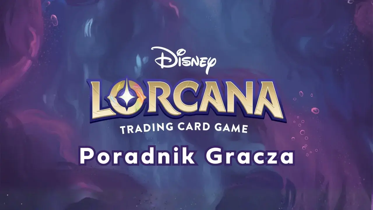 Poradnik Gracza do gry karcianej Disney Lorcana. Magiczne ilustracje i złote logo zapraszają do świata gry.