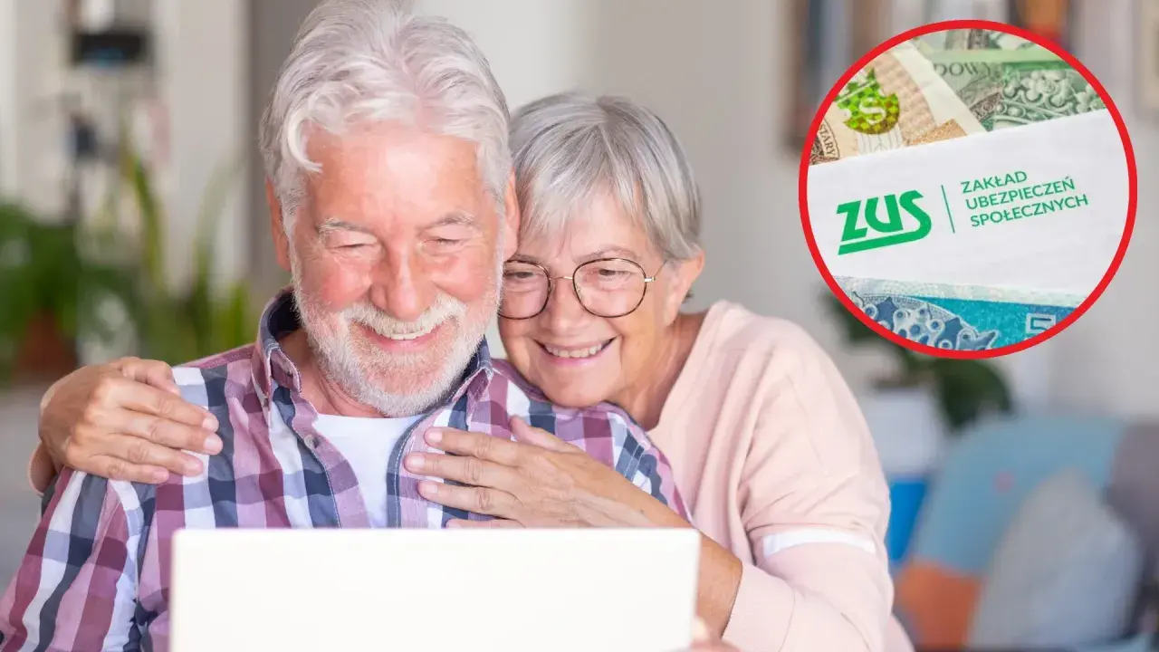 Uśmiechnięta para seniorów przegląda dokumenty ZUS na laptopie, planując wcześniejszą emeryturę.