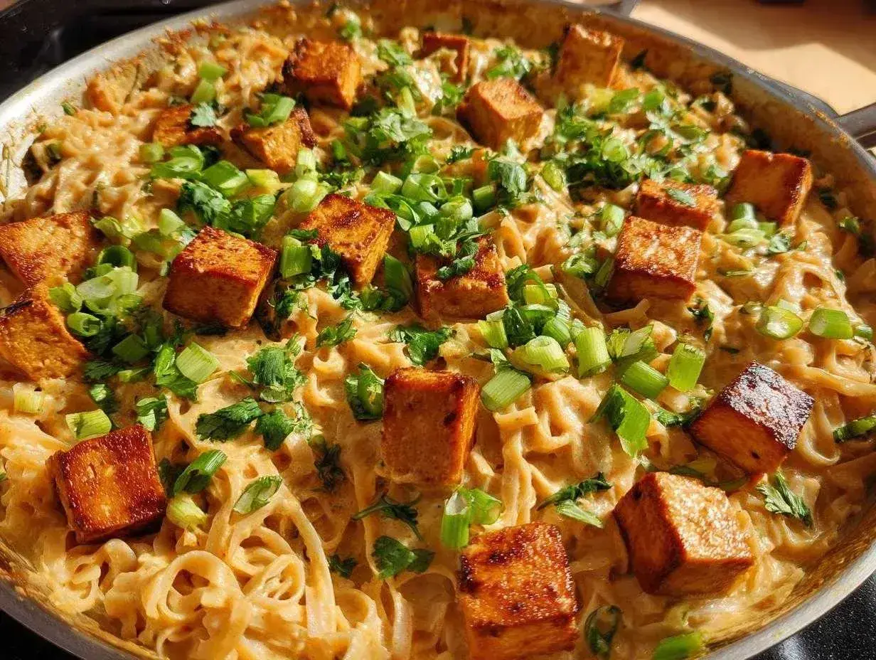 Pyszny makaron z tofu w kremowym sosie, posypany szczypiorkiem i kolendrą. Idealny dla wegan.